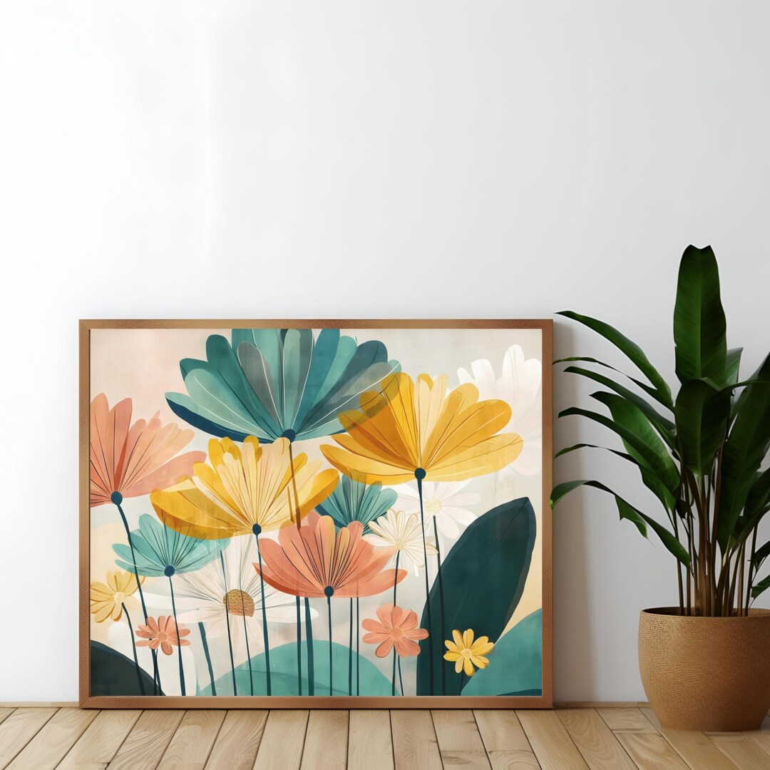Mid Century Modern Floral Wall Art Print, Colorful Abstract Flower ...