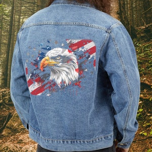 Einzigartige Jeansjacke mit Weißkopfseeadler und Amerikanische Flagge Design