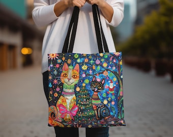 Bunte Weihnachtskatzen-Einkaufstasche mit festlicher Feiertags-Folk-Kunst-Druck-wiederverwendbare Segeltuch-Reisetasche mit hellem, wunderlichem Design