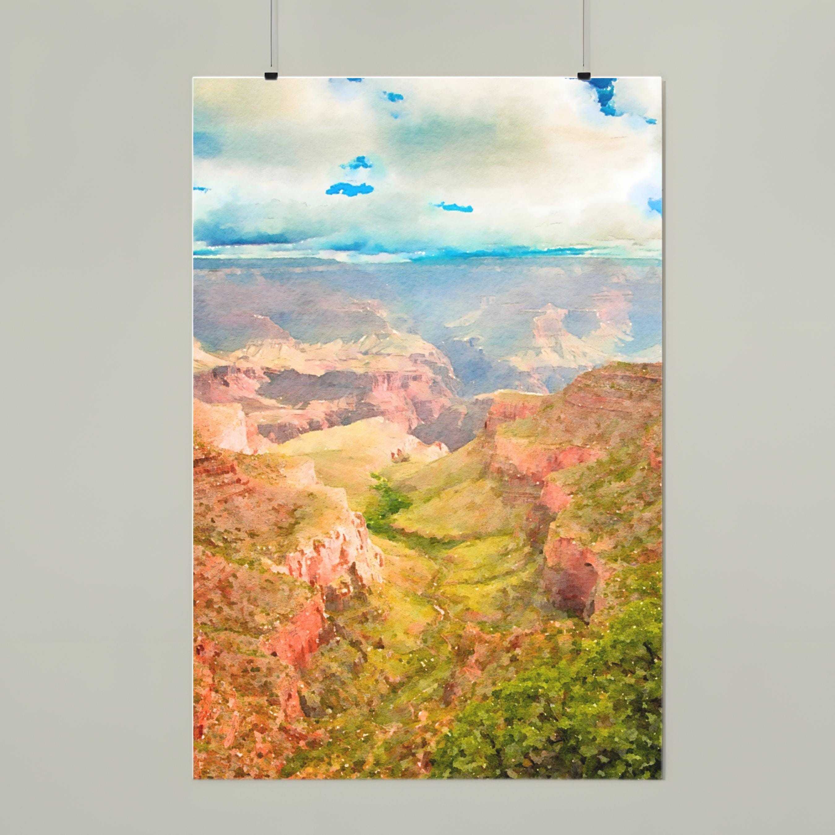 Colorful watercolor print depicting the layered rock formations of the canyon