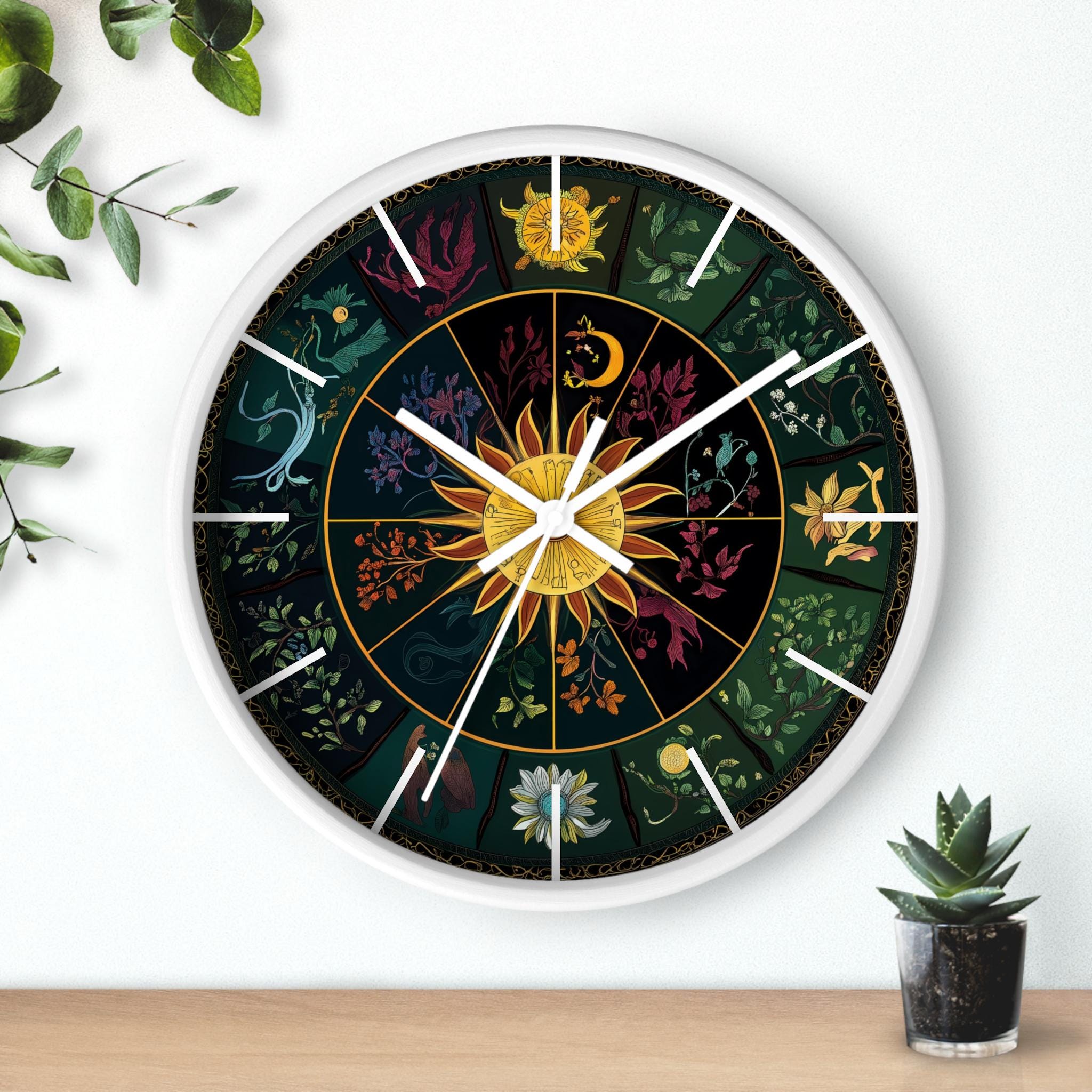 Sun and Moon Botanical Wall Clock, Colorful Nature Art Clock With ...