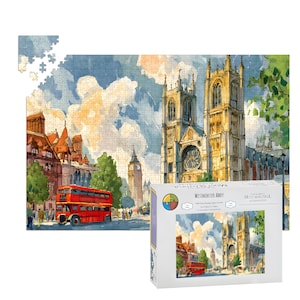 May include: A partially assembled jigsaw puzzle depicting Westminster Abbey, with a red double-decker bus and Big Ben in the background. The puzzle box shows the completed image. The puzzle is a 1000-piece jigsaw puzzle.