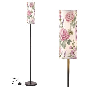 Garden Floral Rose Print Cylinder Floor Lamp with Romantic Soft Lighting for Shabby Chic, Cottagecore, or Feminine Decor