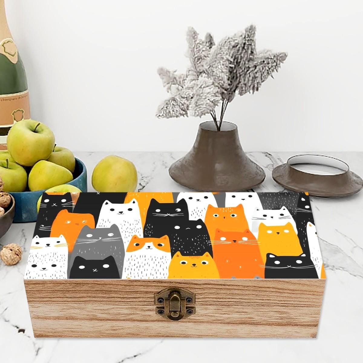Cartoon Cat Wooden Keepsake Box: Colorful Feline Storage, Whimsical ...