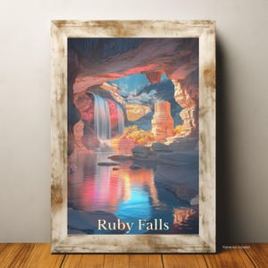 Może przedstawiać: Wydruk w ramie cyfrowego obrazu przedstawiającego wodospad spadający do basenu wodnego w jaskini. Woda odbija kolory nieba i otaczających formacji skalnych. Tekst "Ruby Falls" jest nadrukowany na dole obrazu.