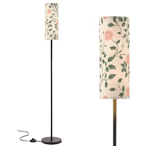 William Morris Inspired Floor Lamp with Floral Fabric Shade, Vintage Style Standing Light for Cozy Living Room or Reading Corner Decor