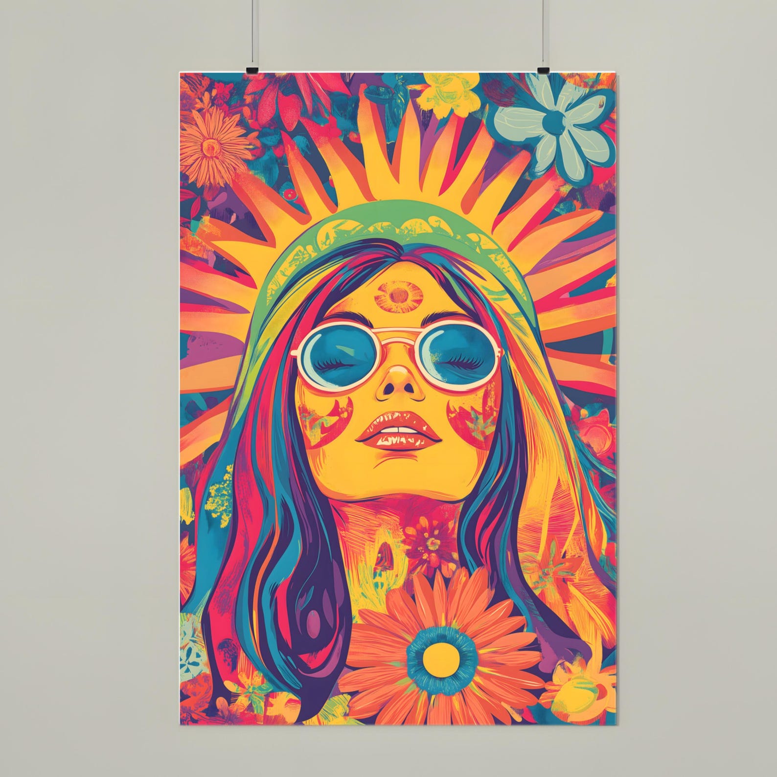 Psychedelic Hippie Wall Art Poster, Colorful Boho Woman Print, Retro