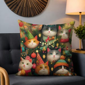 Christmas Cat Throw Pillow Cover with Festive Holiday Tree Lights and Cute Kittens in Winter Hats for Cozy Holiday Home Decor
