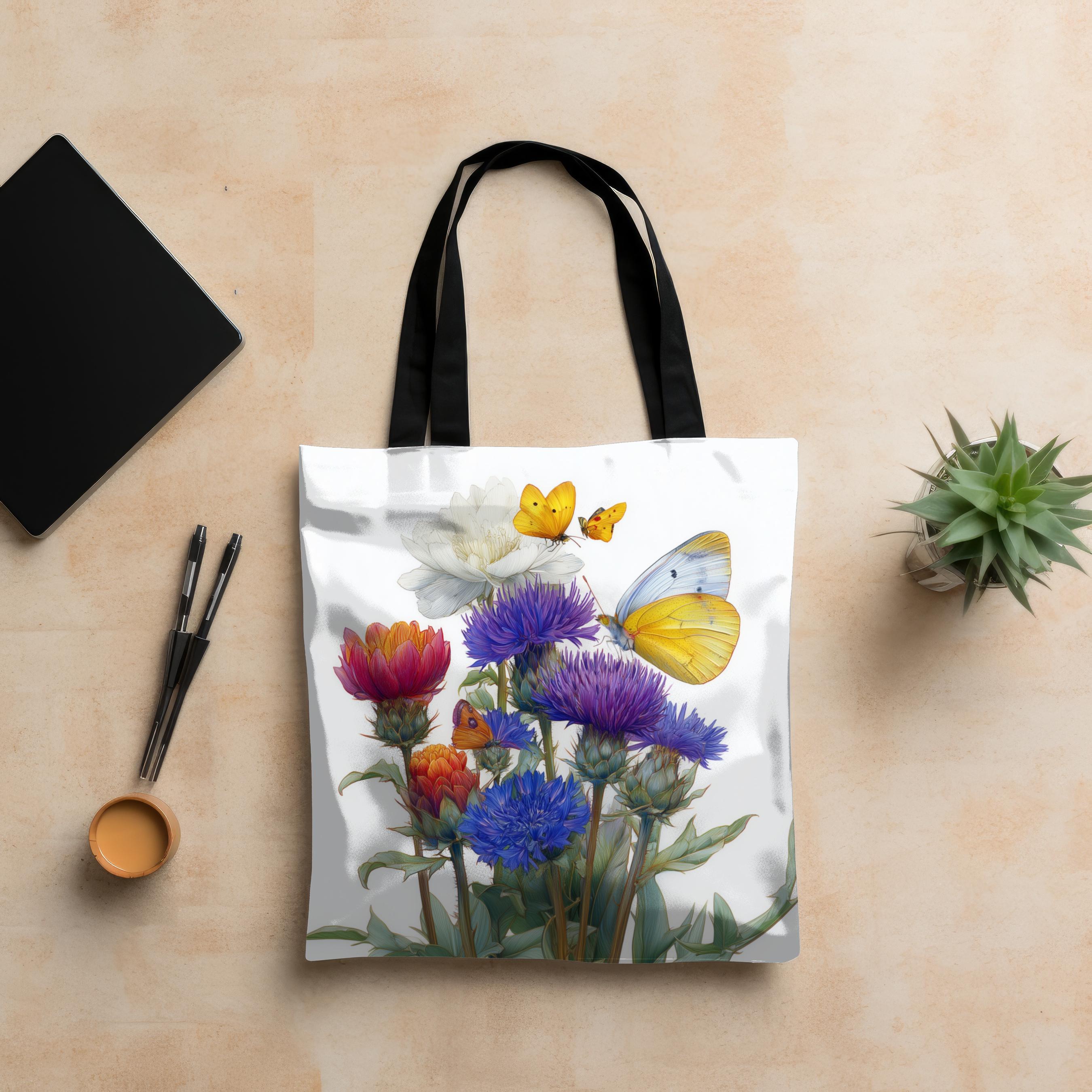 カラフルな野花と蝶のプリントトートバッグ。自然にインスパイア