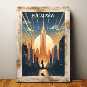 Plakat New York Broadway Art Deco, wydruk retro Empire State Building, sztuka ścienna Vintage NYC Skyline, wystrój dzielnicy teatralnej, prezent Urban Chic
