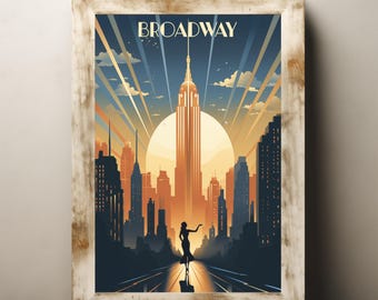 New York Broadway Art Deco Poster, Retro Empire State Building Print, Vintage NYC Skyline Wall Art, Theater District Decor, Urban Chic Gift