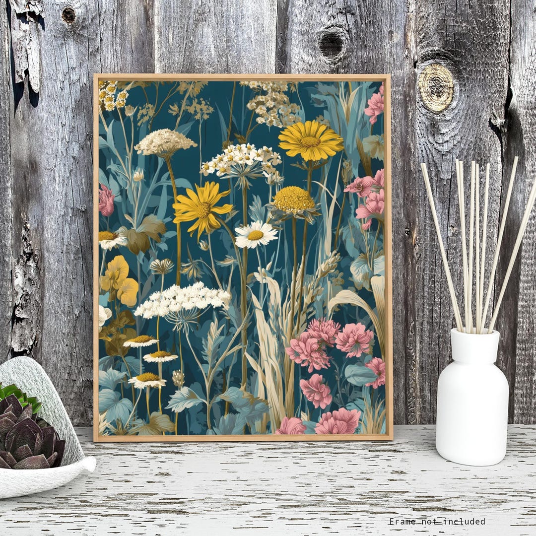 Mid Century Botanical Wildflower Art Print in Bold Teal With Colorful ...