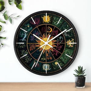 Sun and Moon Botanical Wall Clock, Colorful Nature Art Clock with Zodiac Motifs, Unique Decor for Living Room or Bedroom, Astrology Gift