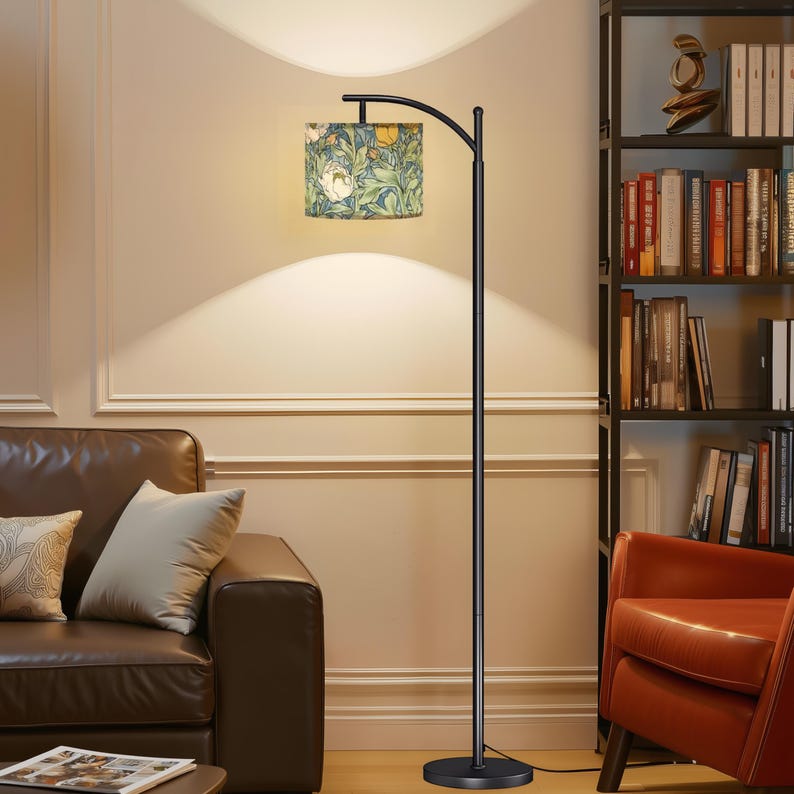 William Morris Style Arch Floor Lamp with Blue Botanical Shade, Vintage Inspired Standing Light image 4