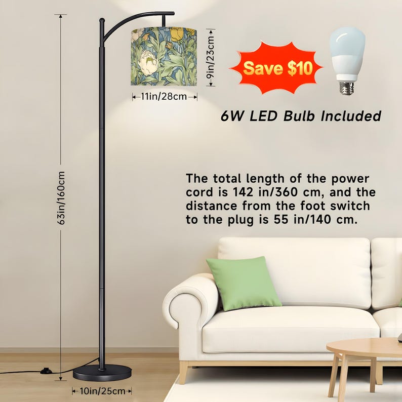 May include: A black floor lamp with a floral patterned lampshade. The lamp is 63 inches (160 cm) tall, with a 10-inch (25 cm) base and a lampshade that is 11 inches (28 cm) wide. The text "6W LED Bulb Included" is visible.