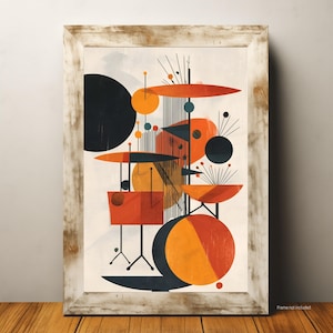 May include: Abstract art print depicting a drum kit. The artwork uses geometric shapes in orange, black, and yellow against a cream background. The print is framed in a rustic, light-coloured wooden frame.