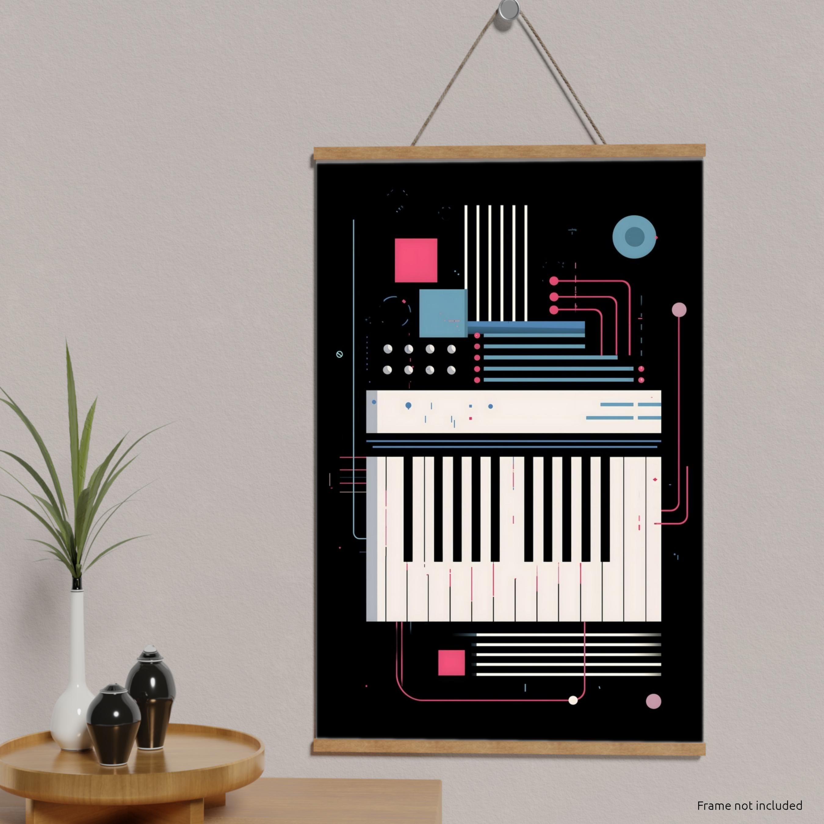 Futuristic Synthesizer Art Print With Neon Circuit Lines and
