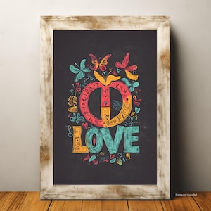 Hippie Peace and Love Wall Art Poster, Colorful Boho Retro Print, 70s Aesthetic Artwork, Vintage Festival Room Decor