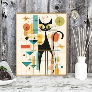 Può includere: Stampa incorniciata con un gatto nero stilizzato con occhi gialli, bicchieri da martini e forme geometriche in verde acqua, arancione e giallo. L'opera d'arte ha un'estetica moderna della metà del secolo.