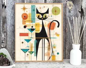 Atomic Cat Art Print, Mid Century Modern Art, Black Cat Art