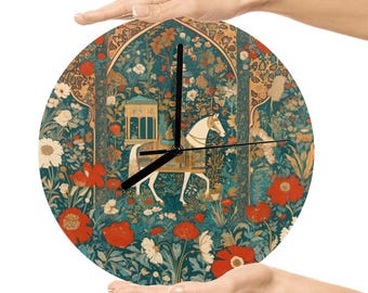 Persian Art Style Wall Clock with White Horse and Floral Garden Design for Cultural Decor in Living Room or Artistic Interiors