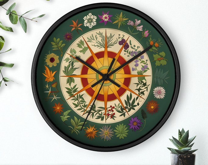 Botanical Sunburst Wall Clock - Vintage Inspired Decorative Clock with Floral Designs - Unique Nature Themed Home Decor