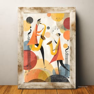 May include: A digital illustration of two people playing saxophones. The people are stylised and the background is filled with abstract shapes and musical notes. The colours are bright and bold, including orange, yellow, red, and blue.