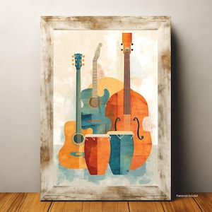 Puede incluir: Una ilustración de acuarela de cuatro instrumentos musicales: una guitarra acústica azul, una guitarra acústica marrón, un contrabajo rojo y dos congas naranja y azul.