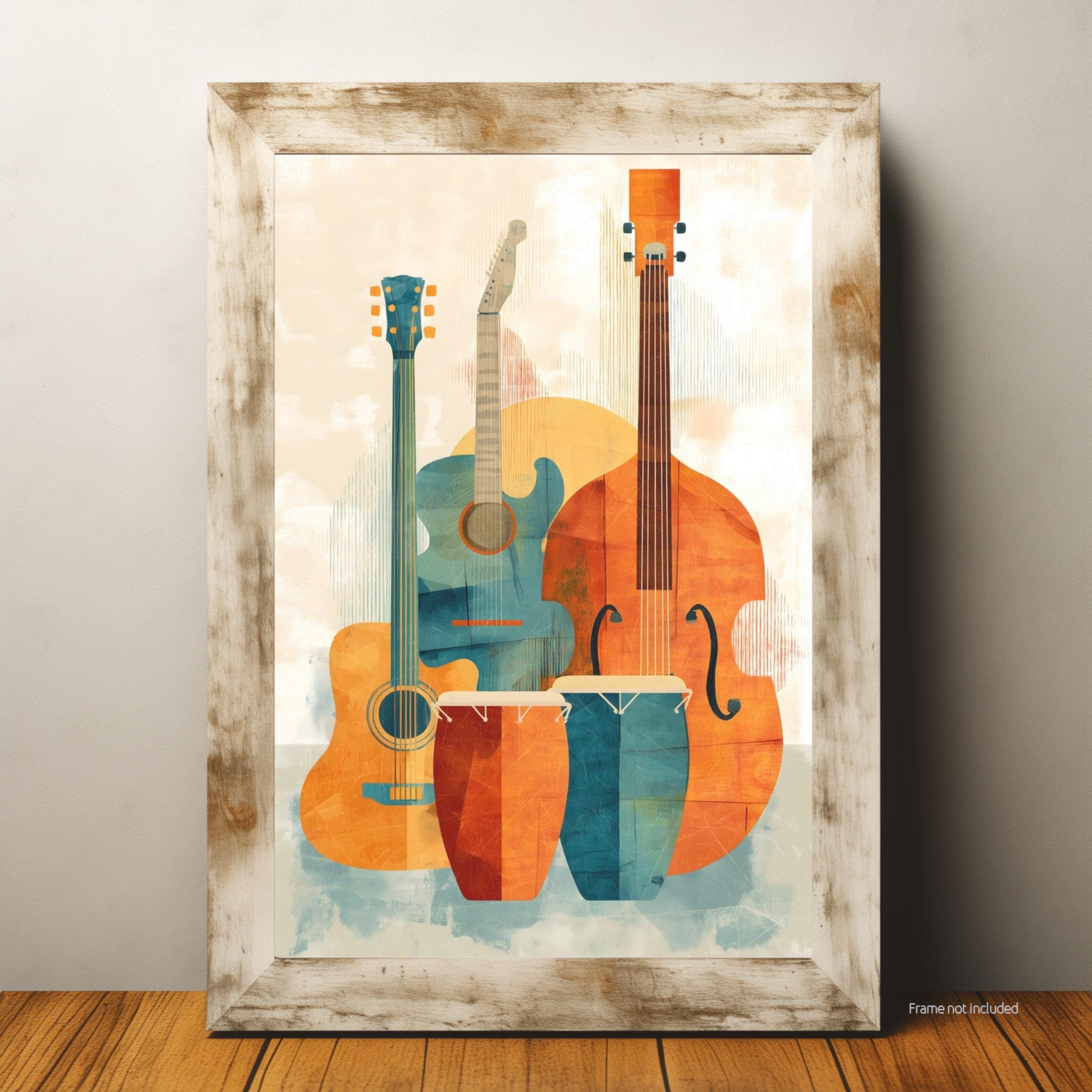 Retro Music Instrument Wall Art Print Mid Century Modern Poster Abstract Guitar Bass Conga Drums Artwork for Vintage Music Room Decor