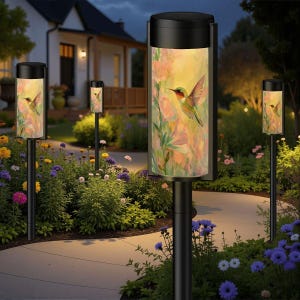 May include: Black outdoor pathway lights with a cylindrical design. Each light features a colorful hummingbird and floral design. The lights are set in a garden with a pathway, flowers, and a house in the background.