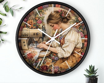 Vintage Sewing Wall Clock Floral Seamstress Art Cottagecore Craft Room Decor
