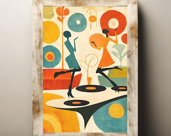 Retro Dance Party Wall Art Print Mid Century Modern Vinyl Record Poster Abstract Dancing Women Illustration Colorful 60s Music Room Decor