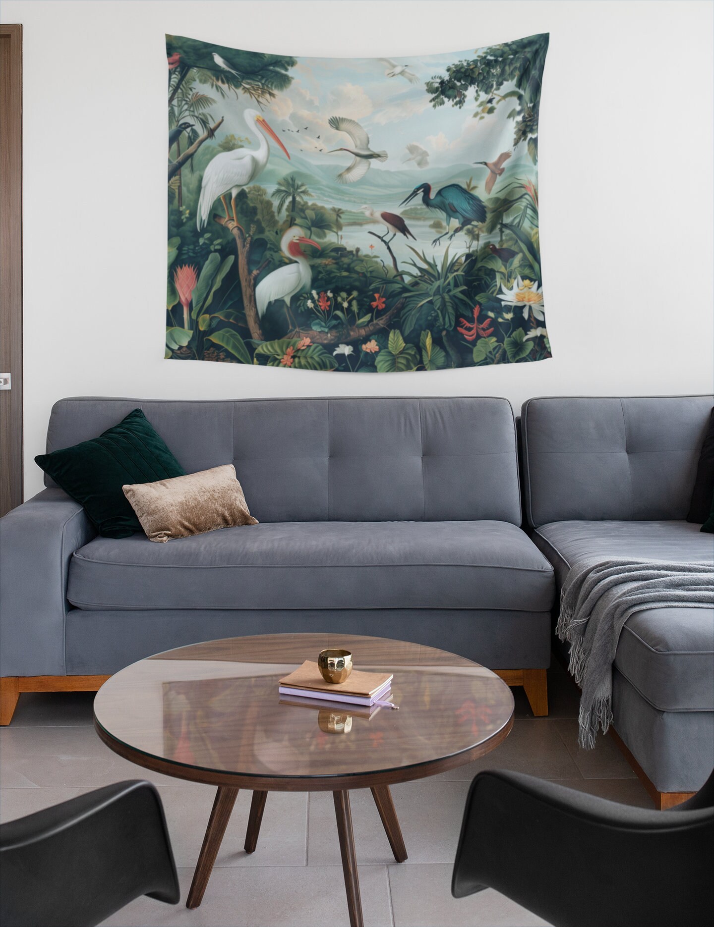 Tropical Bird Paradise Tapestry Nature Wall Hanging, Exotic Bird Art