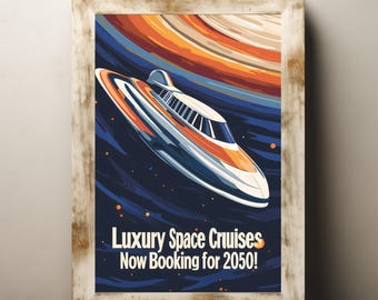 Retro Space Travel Poster, Futuristic Cruise Wall Art, Sci-Fi Adventure Print, Outer Space Decor, Vintage Style Spaceship Illustration