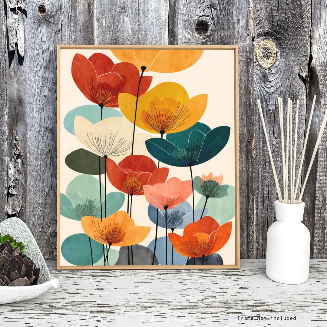 Mid Century Floral Art Print, Abstract Poppy Flowers, Retro Botanical ...