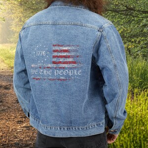 Patriotic Denim Jacket with 1776 American Flag and &quot;We The People&quot; Design - USA Flag Jacket