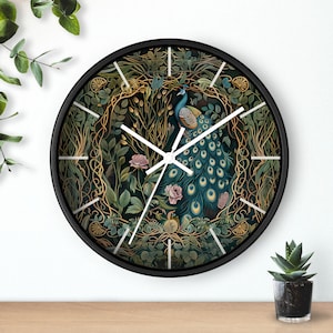 May include: A black round wall clock with white hands and a peacock design. The peacock is surrounded by green and gold floral patterns.