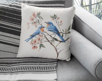 Bluebird Throw Pillow Cover, Floral Bird Decorative Pillow, Cottagecore Accent Pillow, Vintage Botanical Cushion, Nature Inspired Home Decor