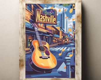 Könnte beinhalten: Eine farbenfrohe Illustration einer Gitarre, die an einem Gebäude mit einem Schild mit der Aufschrift "Nashville" lehnt. Der Hintergrund zeigt eine Stadtlandschaft mit hohen Gebäuden und Noten.