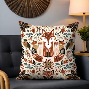 Folk Art Fox Throw Pillow Cover with Woodland Animal and Floral Design in Warm Autumn Tones for Rustic or Cozy Cottage Decor