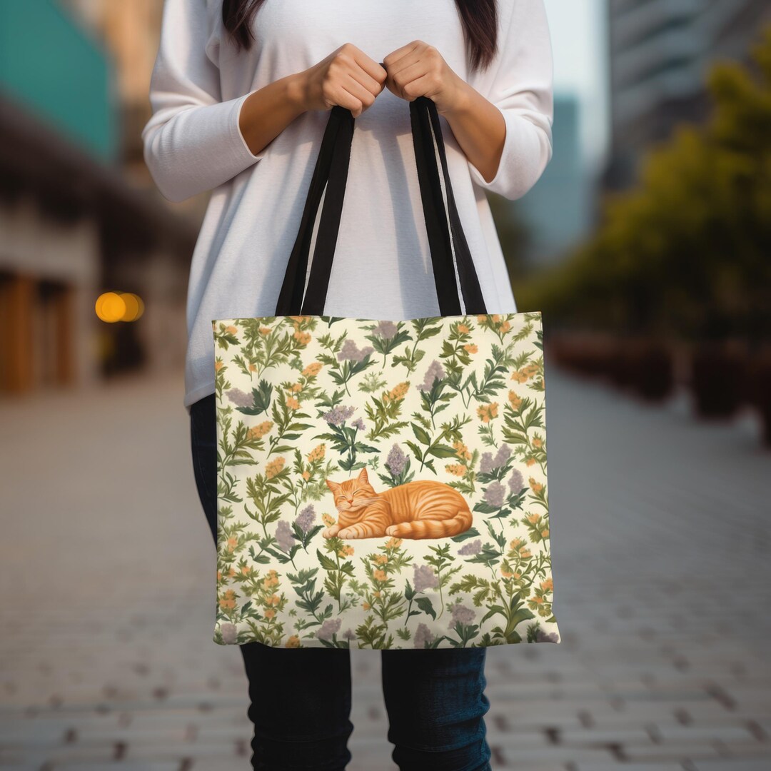 Catnip Floral Tote Bag Happy Cat Reusable Shopping Bag Etsy