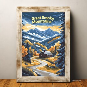 Great Smoky Mountains Travel Poster, Vintage Style National Park Print, Rustic Cabin Wall Art, Autumn Landscape Decor, Blue and Gold Artwork