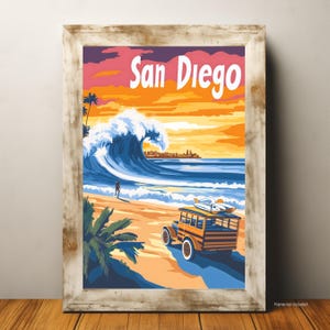 San Diego Travel Poster, Vintage Style Retro Surfing Wall Art, California Beach Print, Coastal Sunset Decor, Nostalgic Ocean Illustration
