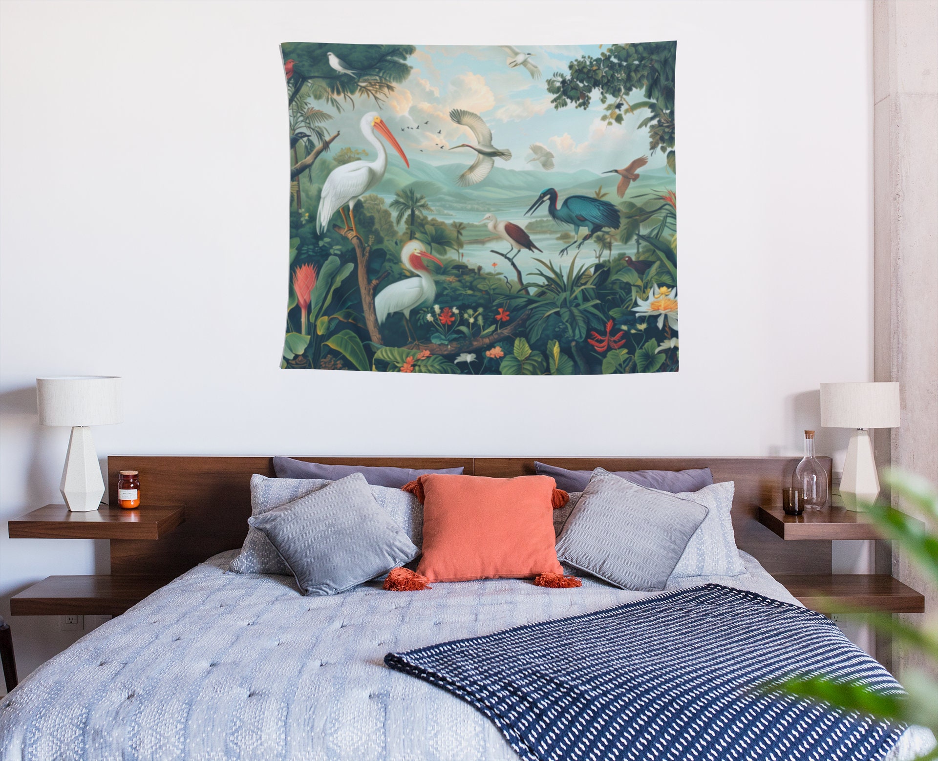 Tropical Bird Paradise Tapestry Nature Wall Hanging, Exotic Bird Art