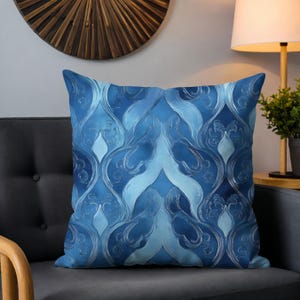 Blue Art Nouveau Throw Pillow Cover, Elegant Abstract Cushion with Flowing Design, Luxurious Decorative Pillow for Sofa or Home Decor