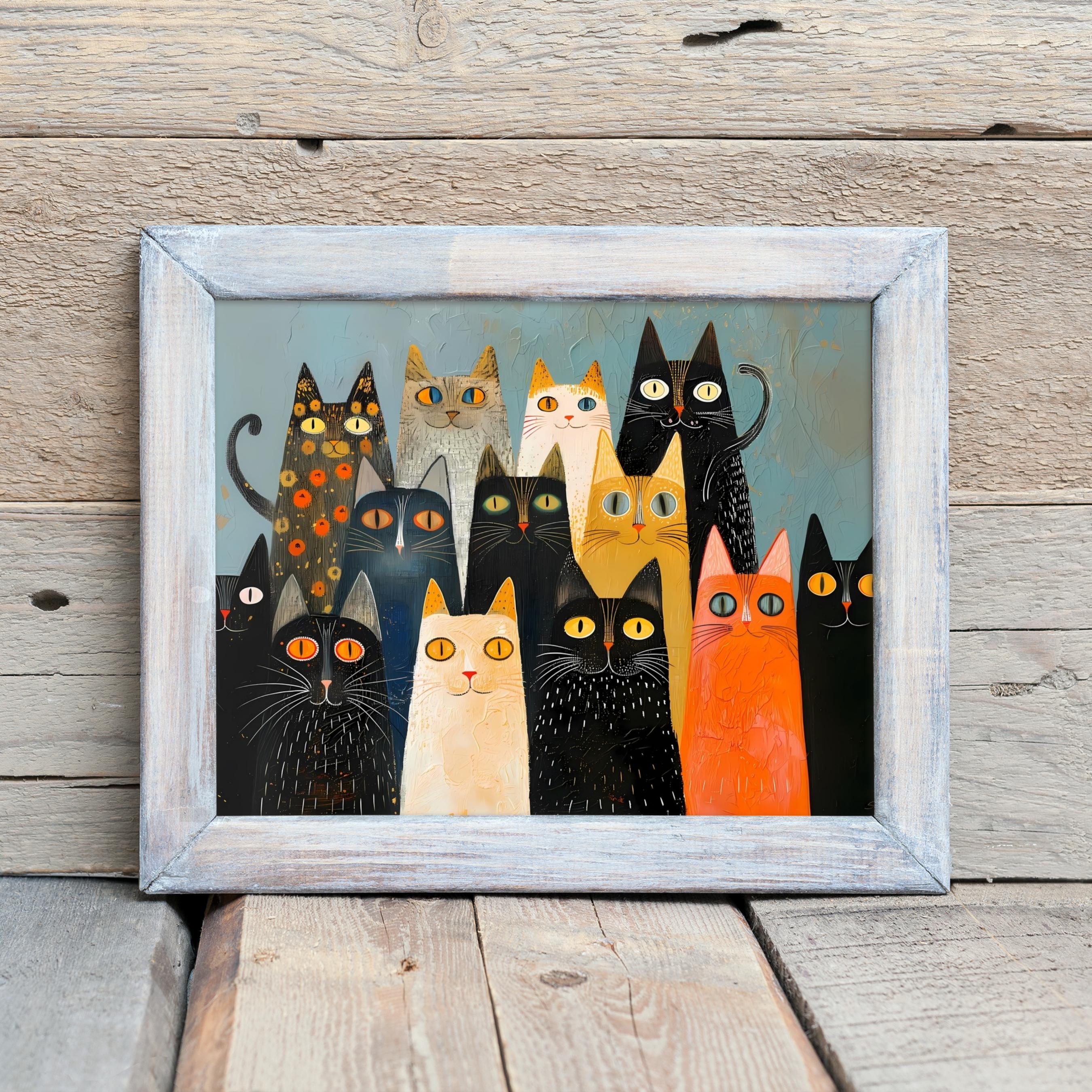 Whimsical Cat Painting Print - Colorful Folk Art Cats Wall Art - Home ...