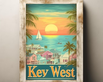 Vintage Style Key West Travel Poster, Tropical Sunset Wall Art, Coastal Beach Decor, Florida Vacation Print, Retro Seaside Illustration