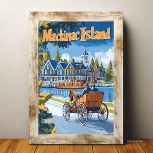 Mackinac Island Travel Poster, Vintage Style Retro Michigan Wall Art, Horse Carriage Scenic Print, Great Lakes Vacation Destination Decor