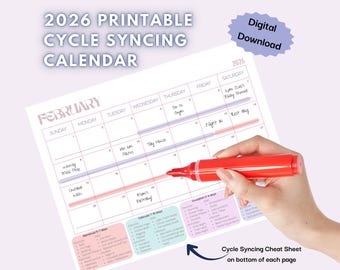 Printable 2026 Cycle Syncing Calendar - Period Tracker with Exercise, Lifestyle, & Food Guide