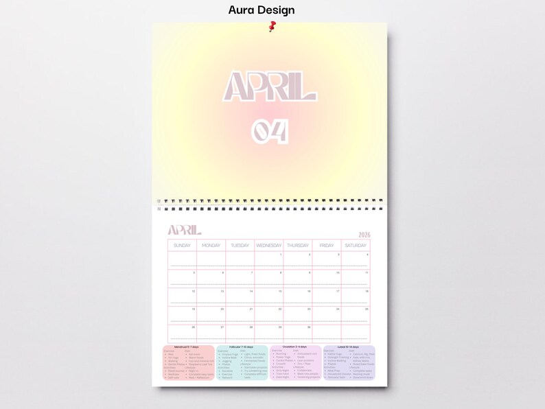 May include: Aura Design calendar for April 2024. The calendar features a gradient background with the month and date prominently displayed. The calendar grid is in a light pink color, with a spiral binding at the top.